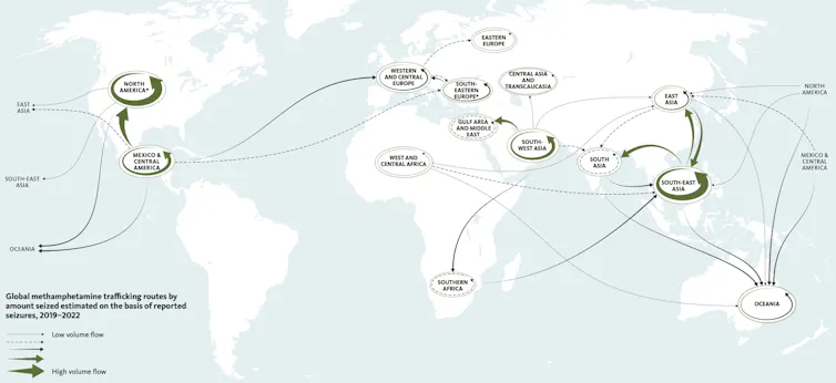 Global map of main methamphetamine trafficking flows based on reported seizures.