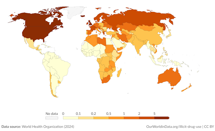 Global map of death rates from opioid use.