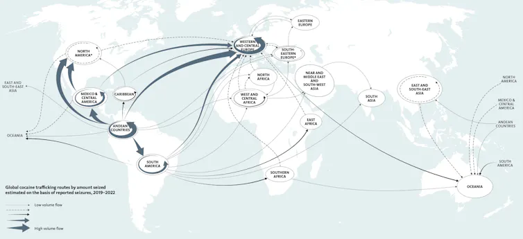 Global map of main cocaine trafficking flows based on reported seizures.
