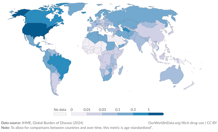 Global map showing cocaine use disorder death rates.