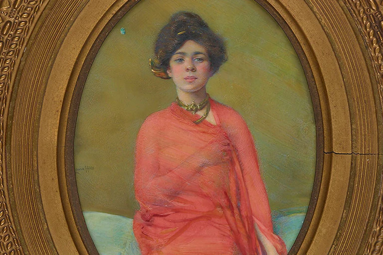 Small oval watercolor portrait of young woman wearing a pink dress.