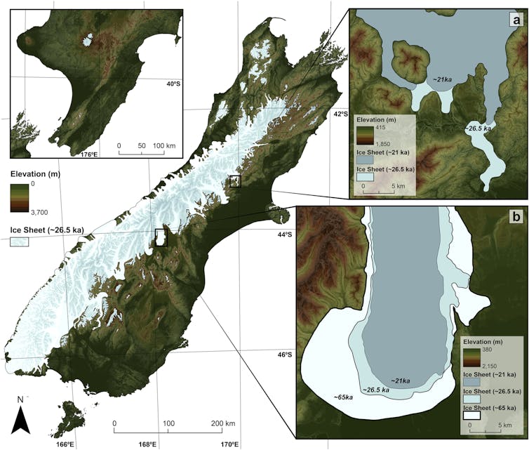 A map showing a reconstruction of the extend of glaciers during the height of the last Ice Age some 20,000 years ago.