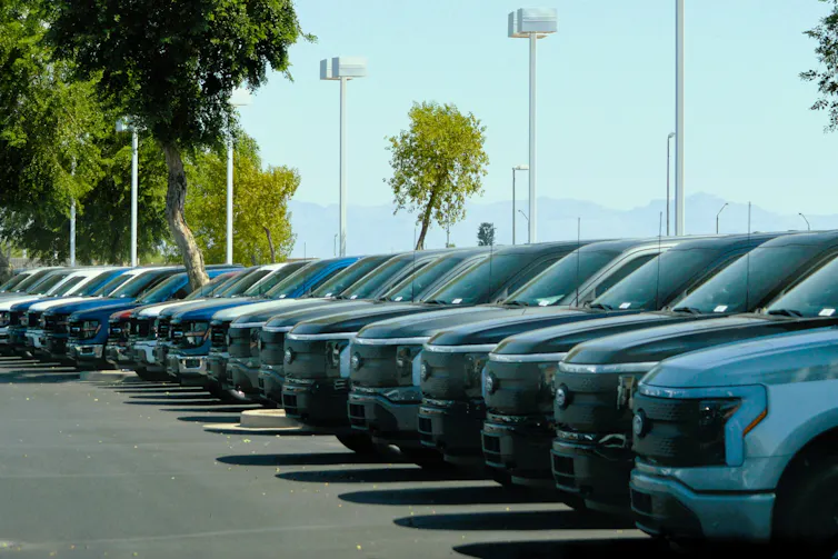 A row of new electric trucks parked at a Ford vehicle dealership in Arizona.