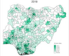Carte représentant la part des Nigérians avec un accès au réseau 3G par région en 2018