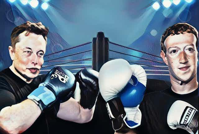 Illustration of Mark Zuckerberg and Elon Musk duking it out in boxing gloves