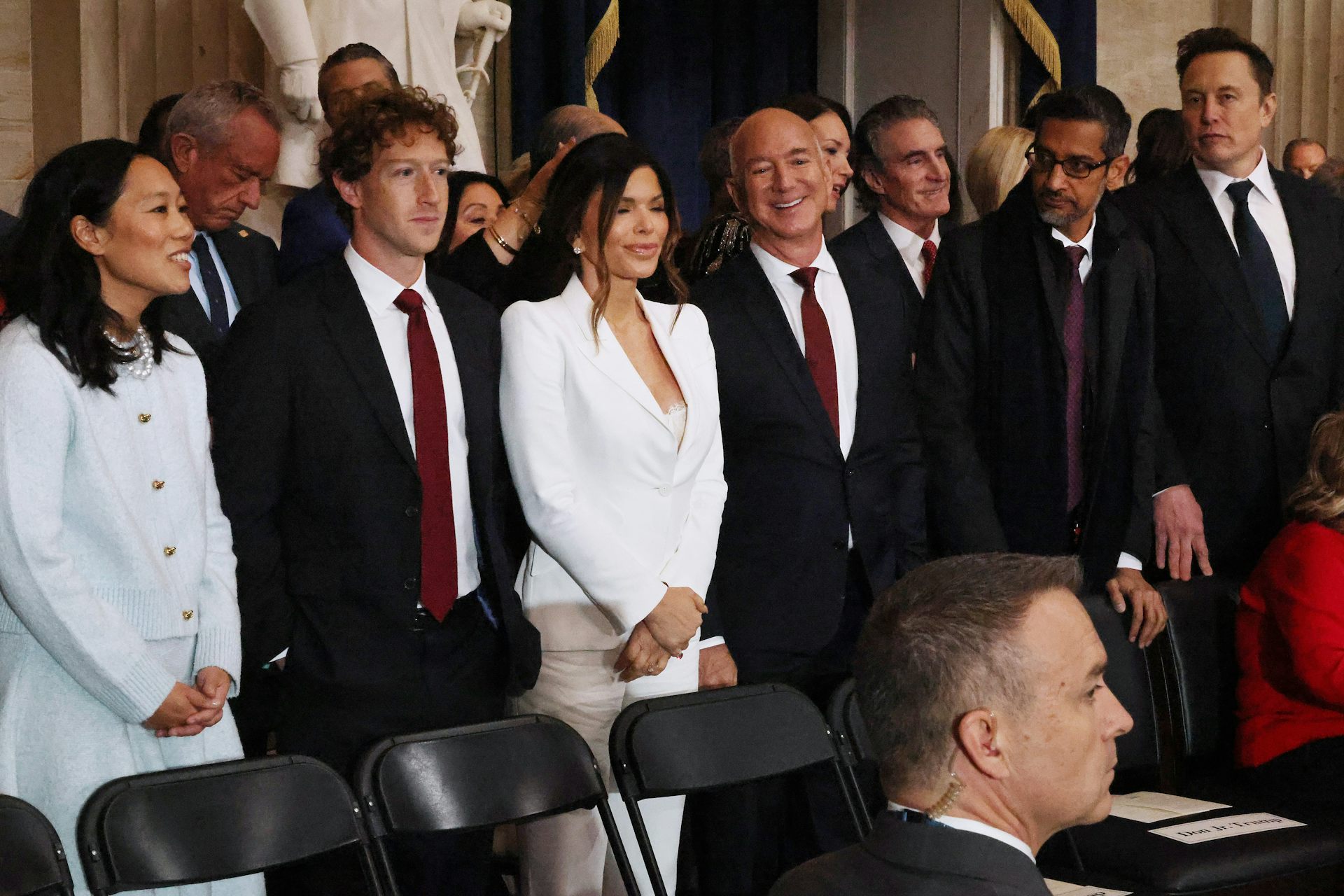 Priscilla Chan, Meta founder Mark Zuckerberg, Lauren Sanchez, Amazon founder Jeff Bezos, Google CEO Sundar Pichai and Tesla CEO Elon Musk attend the inauguration of US President Donald Trump
