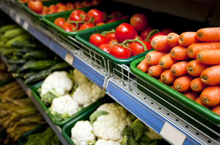 selection of fresh vegetables in a supermarket.