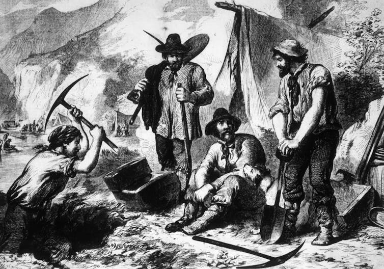 Black and white illustration of gold rush miners.