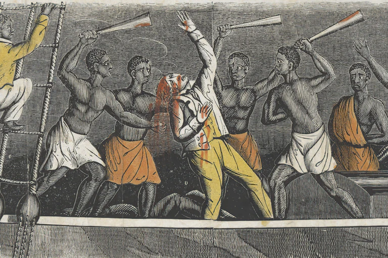 Illustration of shirtless Black men bludgeoning a white ship captain to death.
