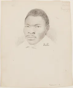 A pencil-and-ink drawing of the face of a young Black man with a thin mustache.