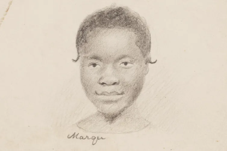 A pencil-and-ink drawing of a young girl's head and shoulders. She stares at the viewer with a slight smile on her face. 'Marqu' is written below her face.