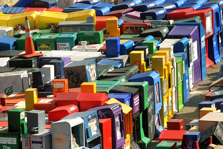 Loads of old newspaper machines piled up on a sidewalk