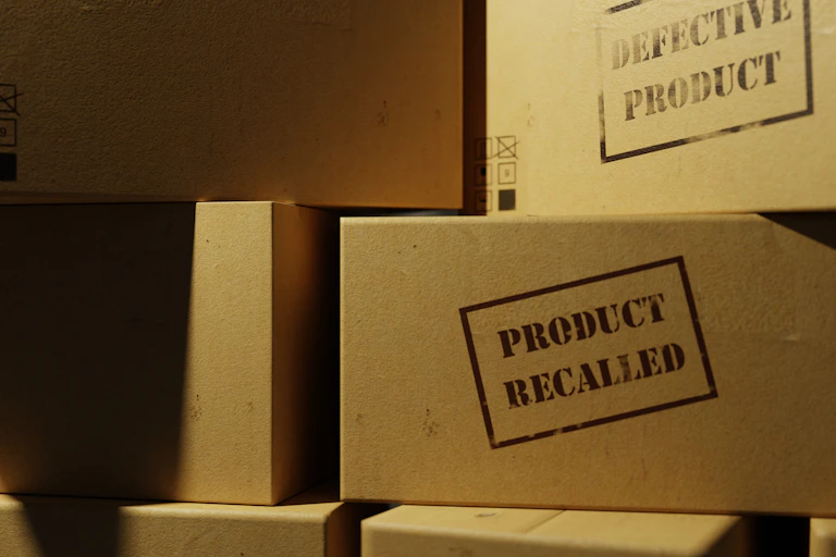 Close-up of a pile of cardboard boxes. They have been stamped "Defective Product" and "Product Recalled." The boxes are bathed in soft neutral lighting.
