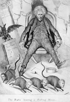 A black and white cartoon of a man slumped in a chair with rats bearing human faces running away from him.