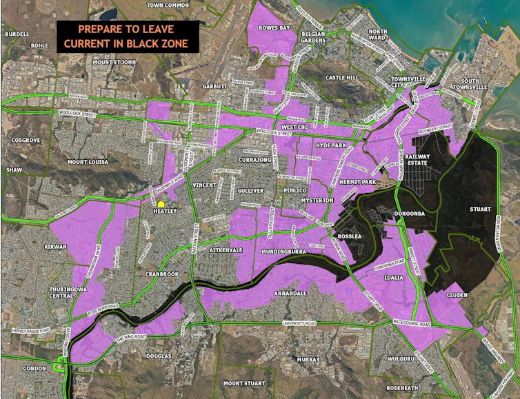 map showing areas of townsville likely to flood on February 2