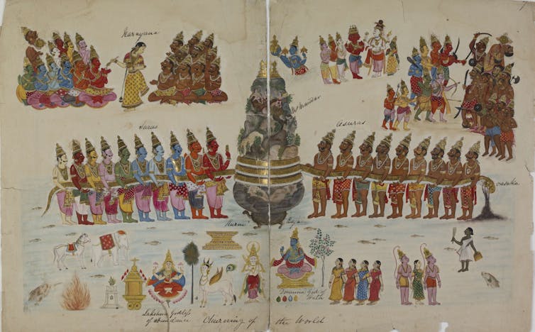 A painting depicting several scenes around a large pot which has a row of men on either side.