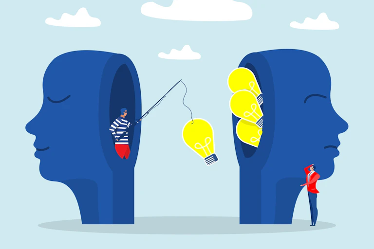 Cartoon of person standing in a model of a head stealing lightbulbs from inside another model of a head.