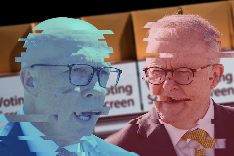 A glitched effect on Peter Dutton and Anthony Albanese in front of voting booths