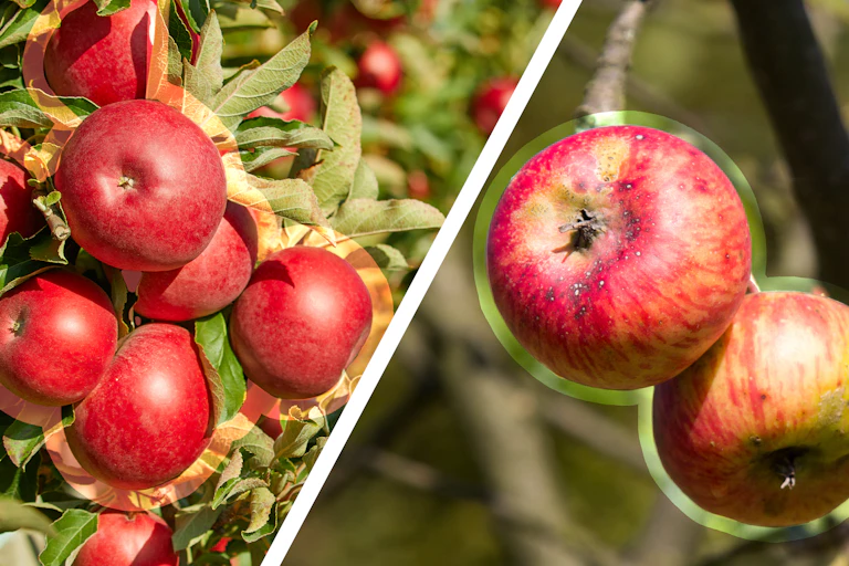 Normal red apples on the left with a diagonal line down the middle and on the right two slightly damaged apples seen growing on a tree
