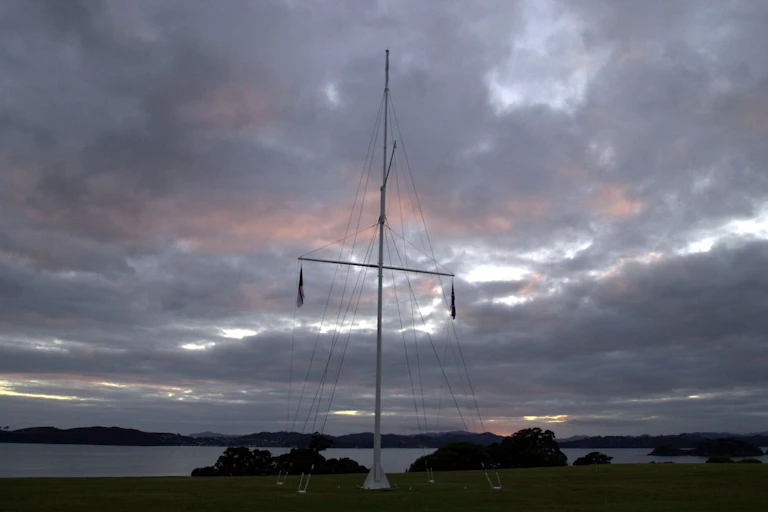 Dawn at the Waitangie Treaty grounds showing the naval flagstaff