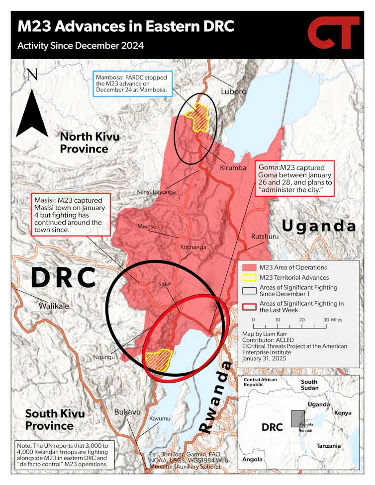 A map showing the extent of M23 advances in the eastern DRC since December 2024.