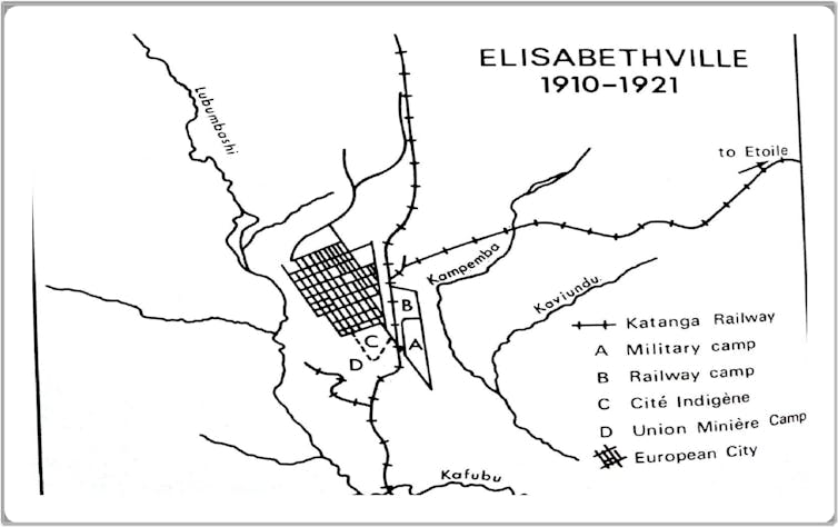 A map showing labour camps on the outskirts with a European settlement in the centre.