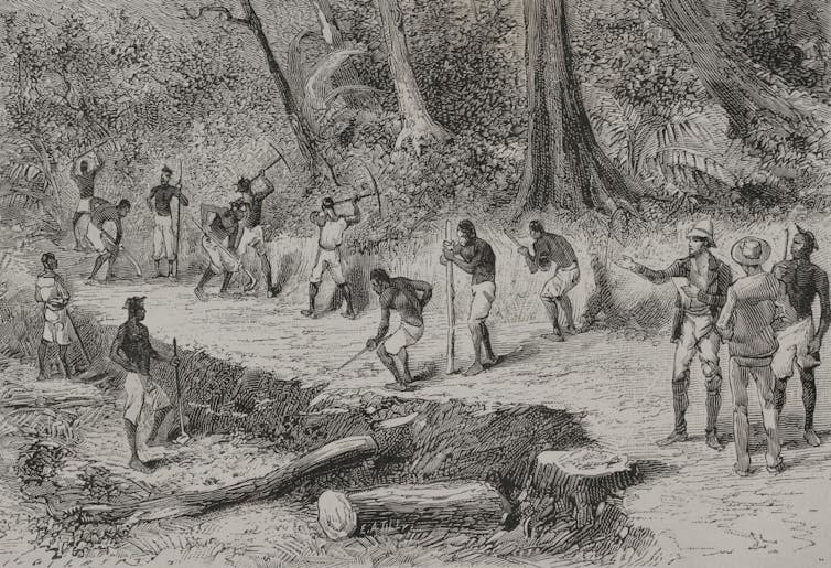 An illustration of European men in uniform overseeing labour by shirtless African men.