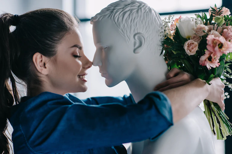 Side view of smiling woman with flowers hugging a mannequin