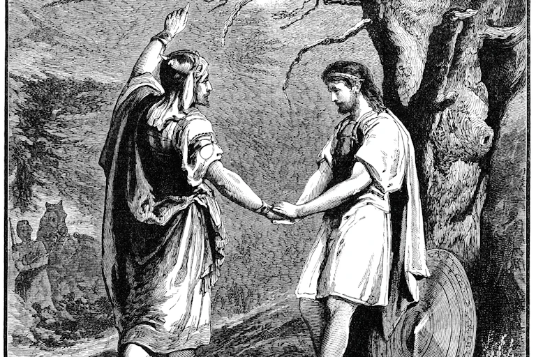 A black and white illustration of two men in short robes holding hands and talking as one leans against a tree.