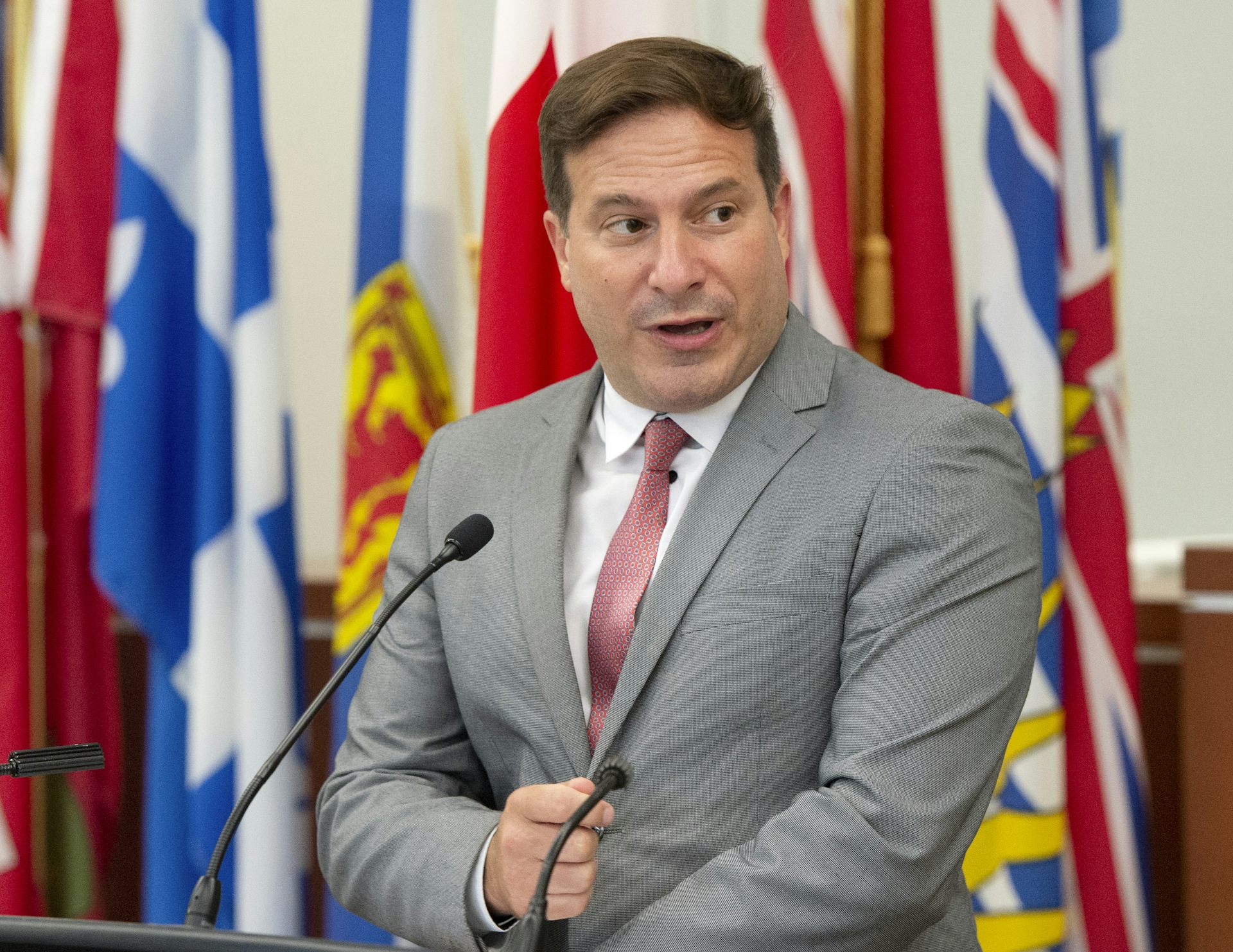 A man in a grey suit and dark hair with a microphone in front of him.