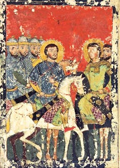 Several figures on horseback, two with halos, against a bright red background.