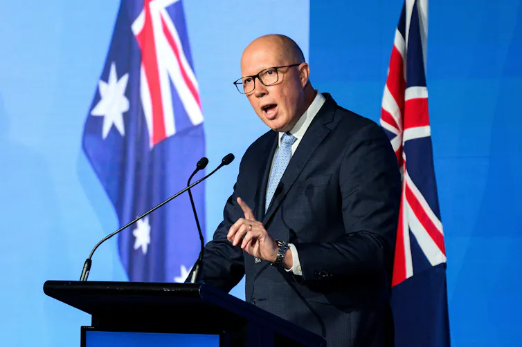 Peter Dutton delivering a speech at a podium