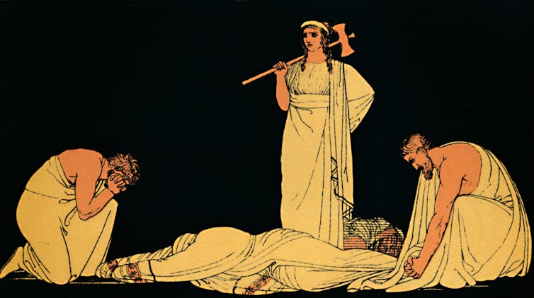 A dead body with three people around it, one a woman with an ax.