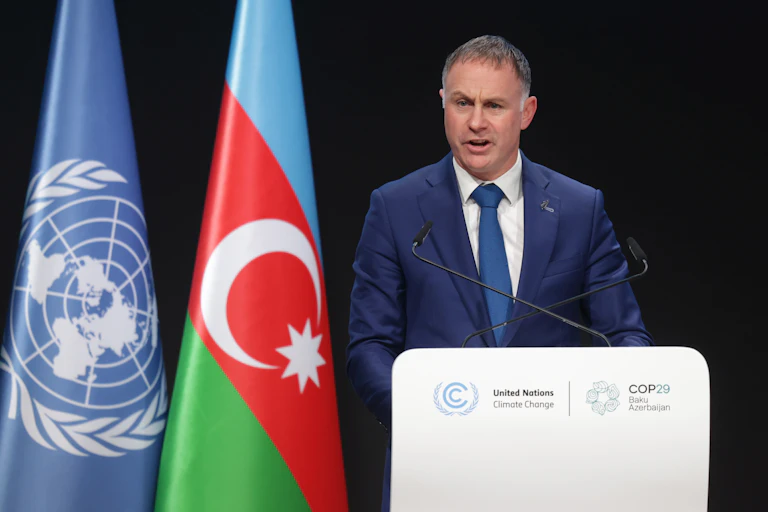 New Zealand's Minister for Climate Change Simon Watts speaking during the the recent climate summit in Azerbaijan.