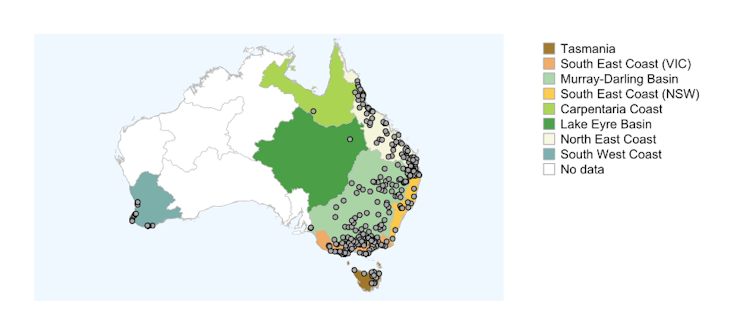Map showing the locations of water quality monitoring sites across Australia