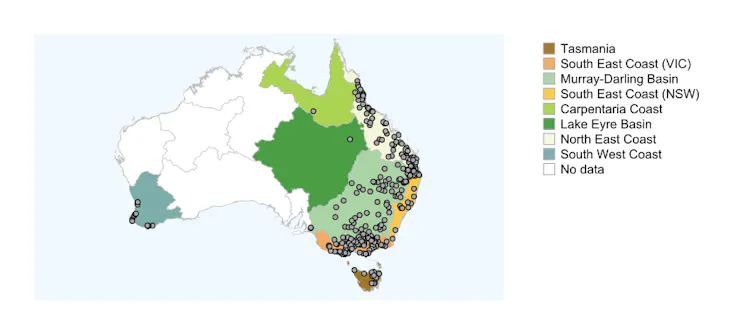 Map showing the locations of water quality monitoring sites across Australia