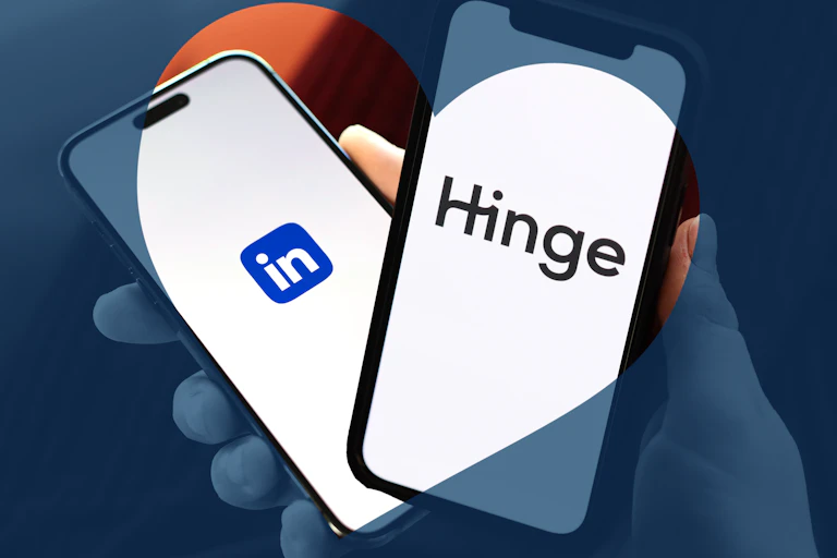 Composite image of a love heart shape with two phones inside it, one showing the LinkedIn logo and the other the Hinge logo