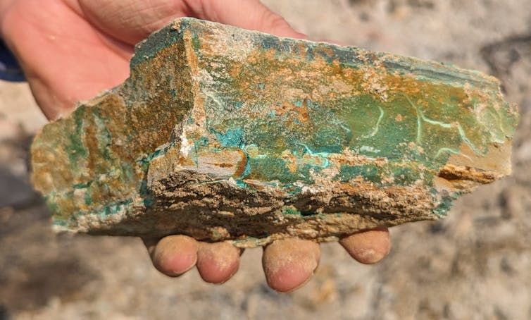 A hand holds a piece of rock cut at a cross section to reveal a green interior.