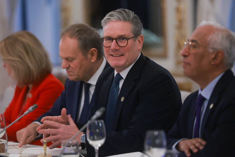 UK prime minister, Keir Starmer, sits with Antonio Costa, chair of the Council of Europe and other leaders at an informal meeting, February 3 2025.