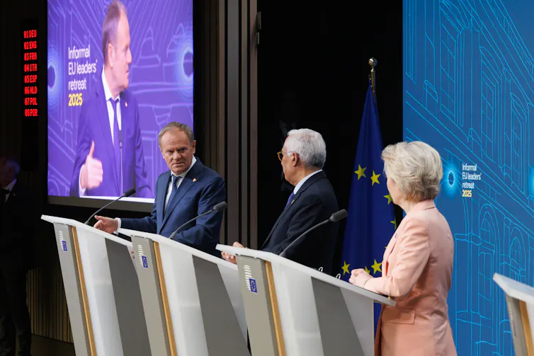 Polish prime minister Donald Tusk, European Council president Antonio Costa and European Commission president Ursula von der Leyen.