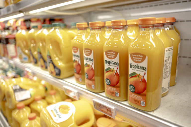 An American brand of orange juice is seen at a grocery store in Montreal, Canada.