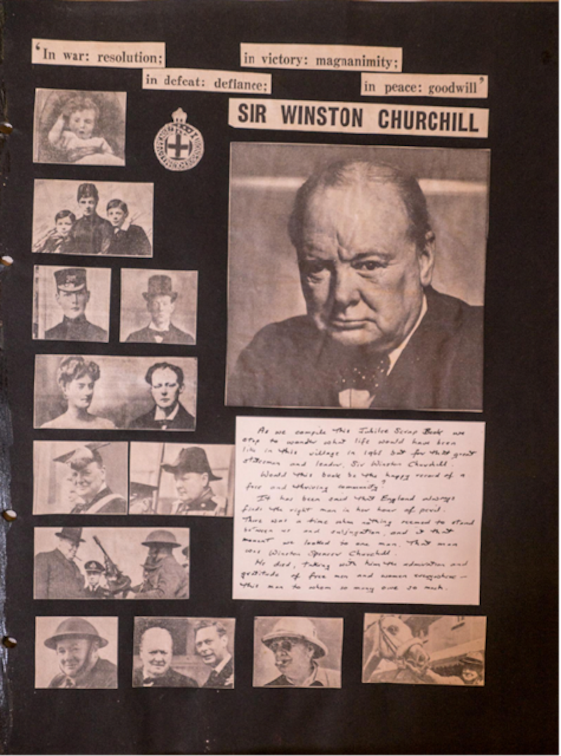 A page from a scrapbook showing pictures of Winston Churchill throughout his life.