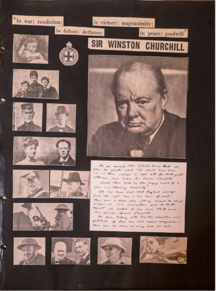 A page from a scrapbook showing pictures of Winston Churchill throughout his life.