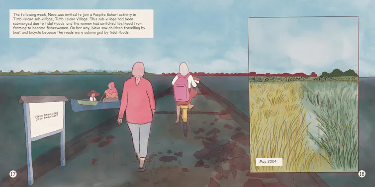 people walking on path by field, boxout of crops growing on right side