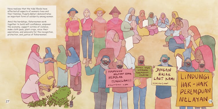 5 ways in which illustrations can inform local weather justice tales 4 women gathering at a meeting, colourful illustration