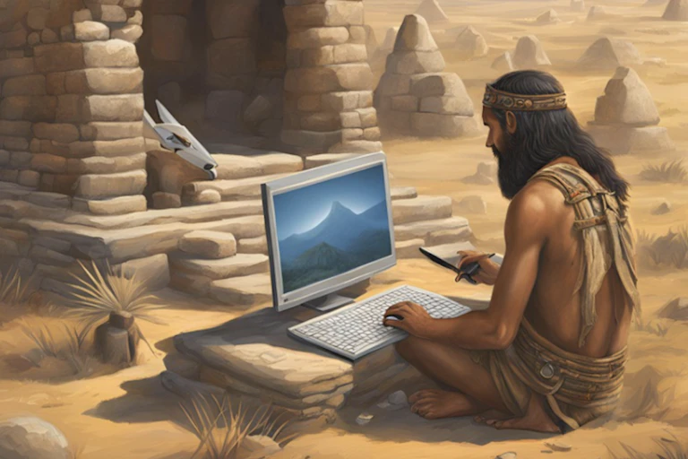 AI generated image showing in human ancestor sitting in front of a computer.