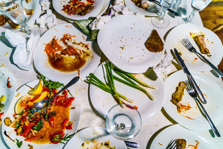 emptied dirty plates with food remainders