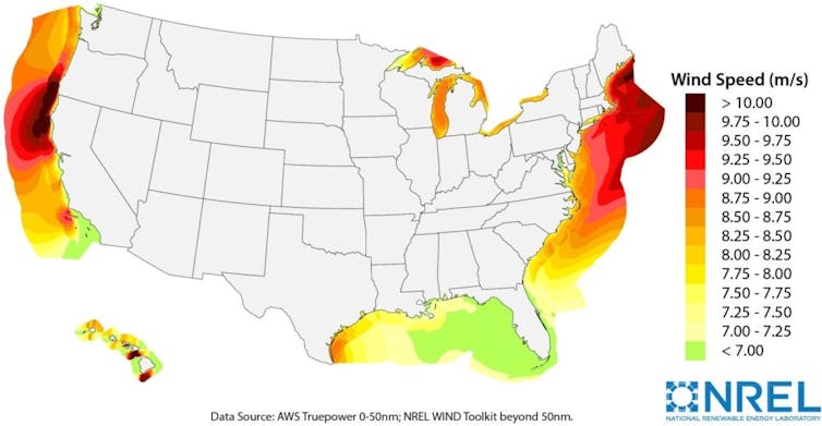 A map shows highest wind-power-producing areas off the Northeast, from Virginia to Maine; off northern California; and in the Gulf of Mexico off southeast Texas.