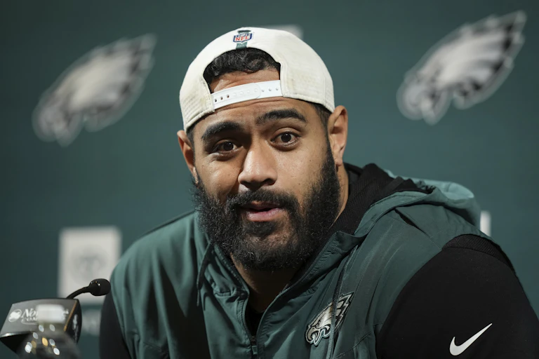 Jordan Mailata speaks to the media ahead of Super Bowl LIX