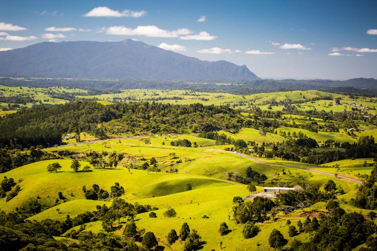 view of farmland and forest mountain in far north Queensland.